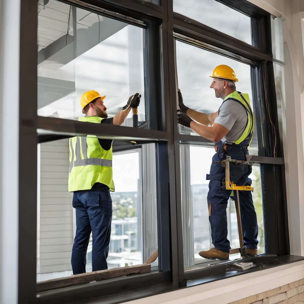 Professional window service team at work